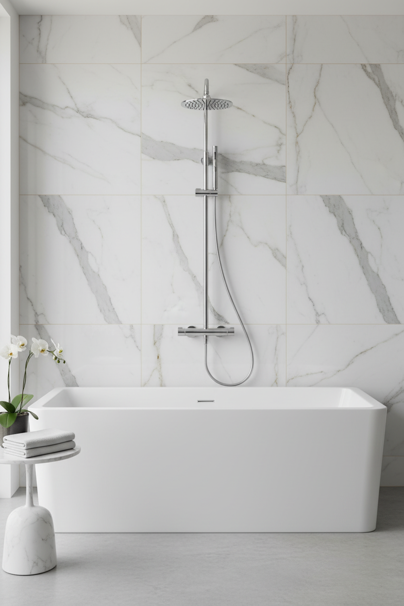 A modern freestanding rectangular bathtub in white, set against a large white marble tiled wall with a chrome rain shower head and hand shower mounted above it. A small white side table with folded towels and a flower arrangement sits to the left.