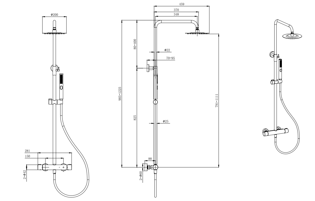 Quantock cool touch thermostatic shower mixer with riser rail - chrome dimensions diagram
