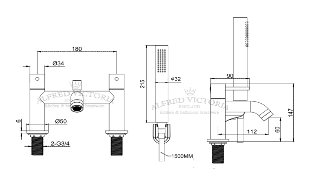Cawood Deck mounted bath shower mixer - Brushed Brass dimensions diagram