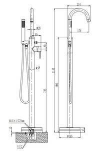 Cawood Freestanding Bath Shower Mixer & Kit - Matt Black dimensions diagram