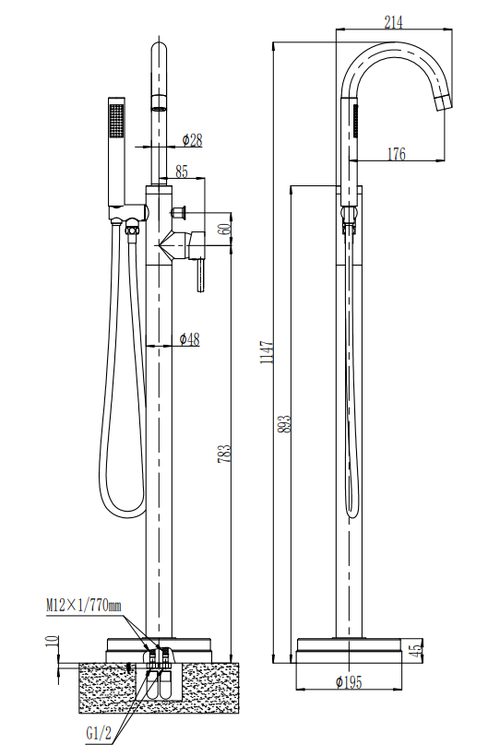Cawood Freestanding Bath Shower Mixer & Kit - Matt Black dimensions diagram
