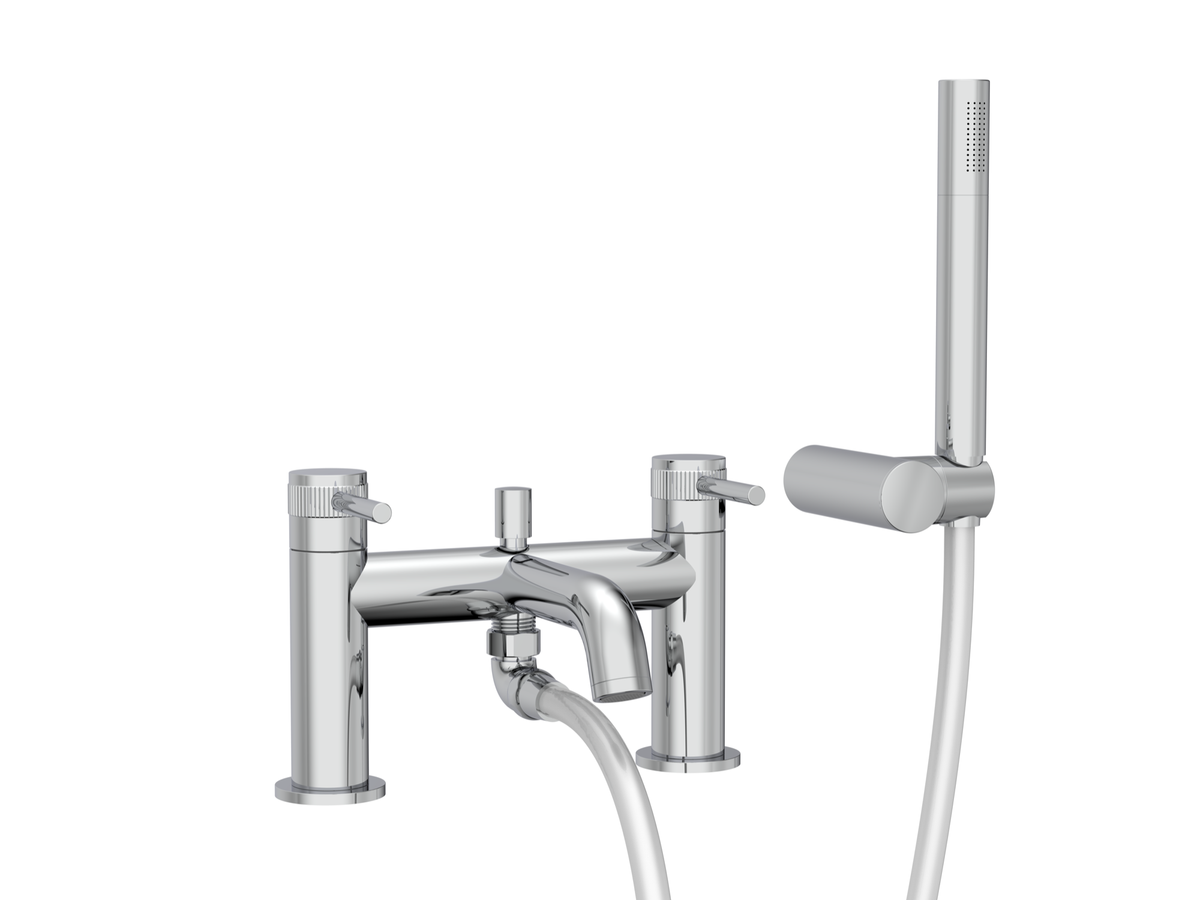 A polished chrome bath spout with a handheld shower attachment, featuring two separate thermostatic controls and a flexible hose, shown against a plain white background.