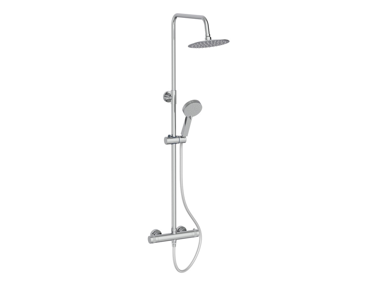 A modern wall-mounted rain shower system with a handheld shower head, flexible hose, and control valve trim, shown on a plain white background.