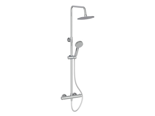 A modern wall-mounted rain shower system with a handheld shower head, flexible hose, and control valve trim, shown on a plain white background.