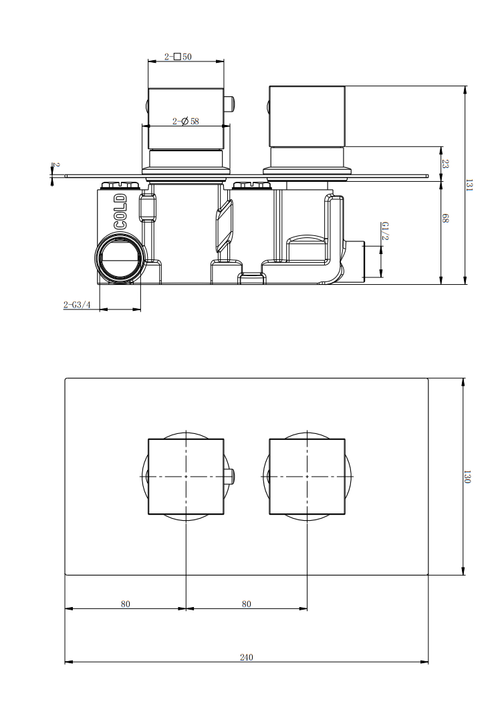 Brancaster Thermo Conc Shower Valve SQ 2 - Chrome dimensions diagram