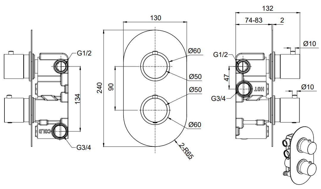 Brancaster Thermo Conc Shower Valve RD 2 - Chrome dimensions diagram