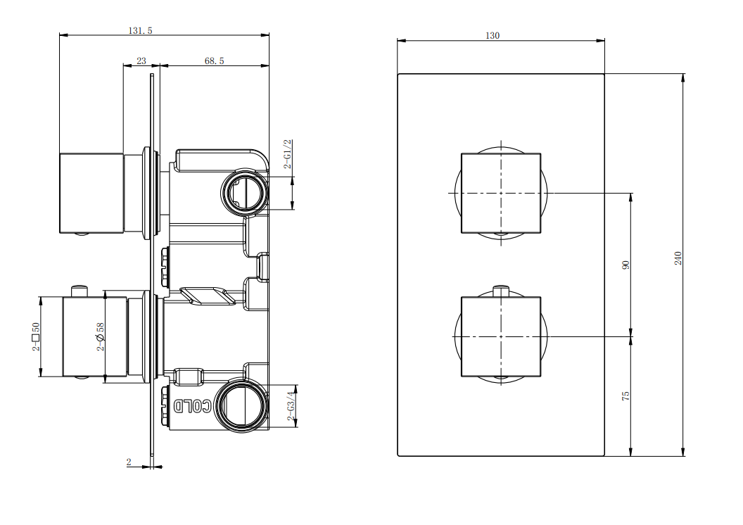 Brancaster Thermo Conc Shower Valve SQ 2 - Matt Black dimensions diagram