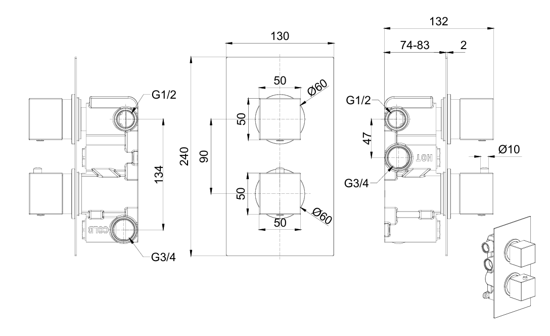 Brancaster Thermo Conc Shower Valve SQ 2 - Brushed Gold dimensions diagram