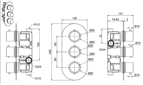 Brancaster Thermo Conc Shower Valve RD 3 - Chrome dimensions diagram