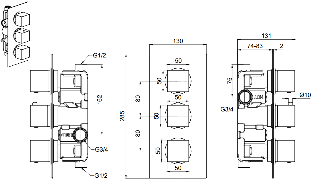 Brancaster Thermo Conc Shower Valve SQ 3 - Brushed Brass dimensions diagram