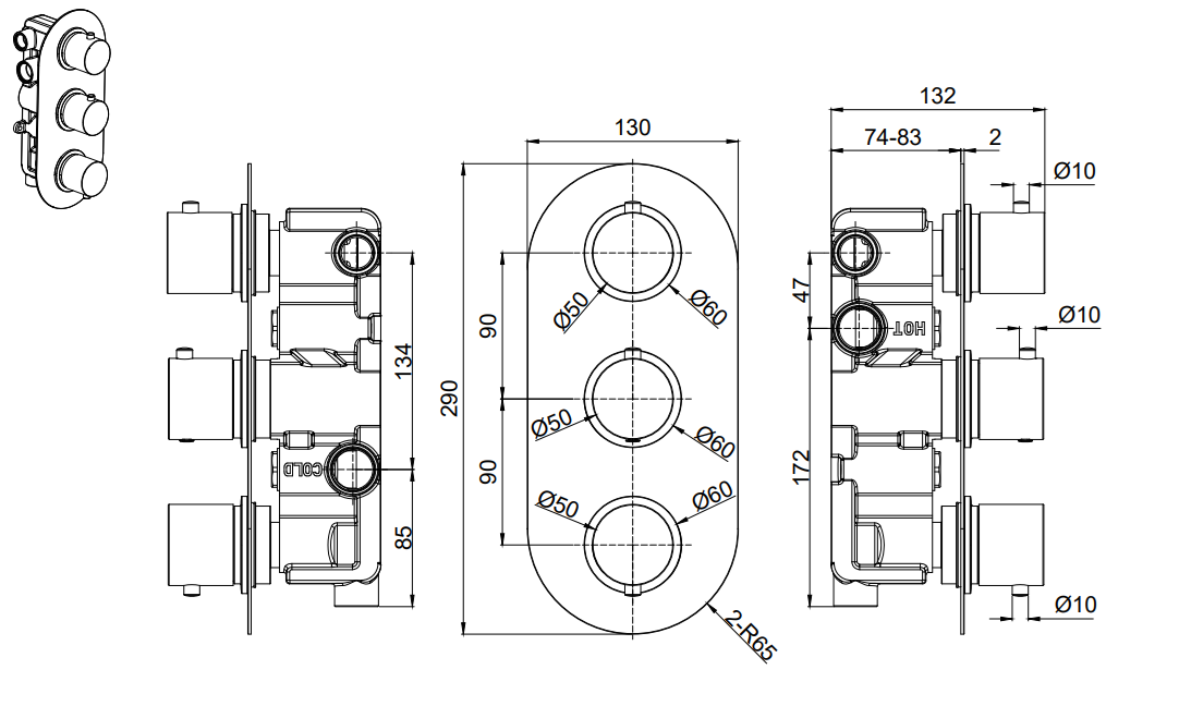 Brancaster Thermo Conc Shower Valve RD 3 - Chrome dimensions diagram
