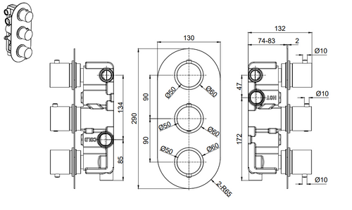 Brancaster Thermo Conc Shower Valve RD 3 - Chrome dimensions diagram