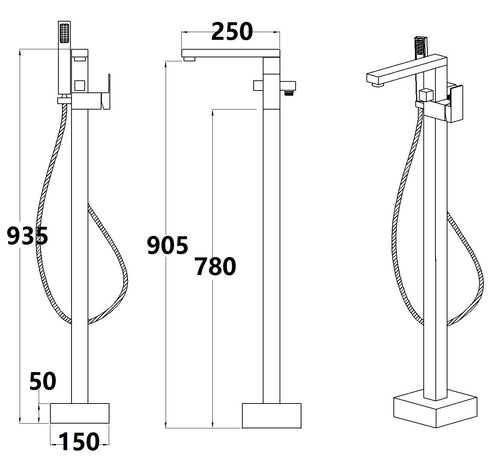 Elveden Freestanding Bath Shower Mixer - Chrome dimensions diagram