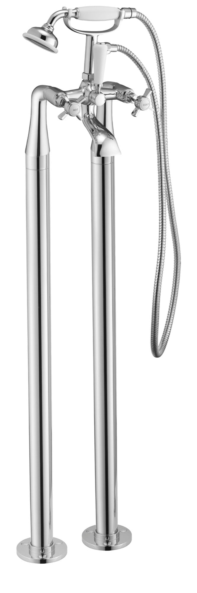 A polished chrome freestanding bathtub faucet set with two vertical spout pipes, a handheld shower hose, and a round shower head, shown against a plain white background.