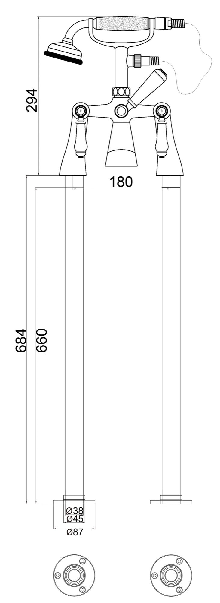 Kimble Freestanding Bath Shower Mixer data sheet 2021 - Chrome dimensions diagram
