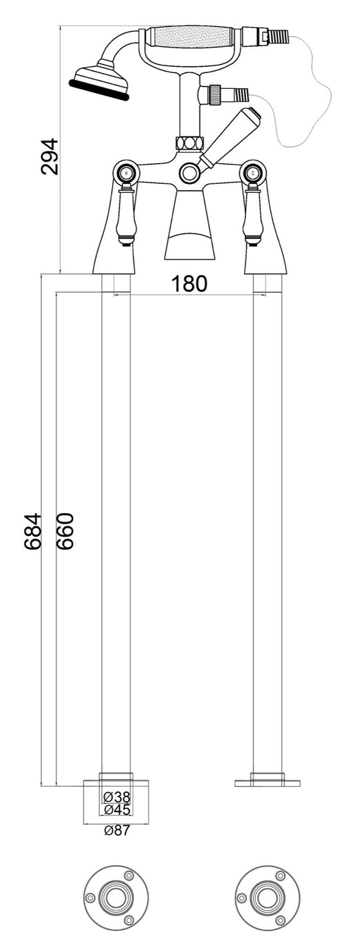 Kimble Freestanding Bath Shower Mixer data sheet 2021 - Chrome dimensions diagram