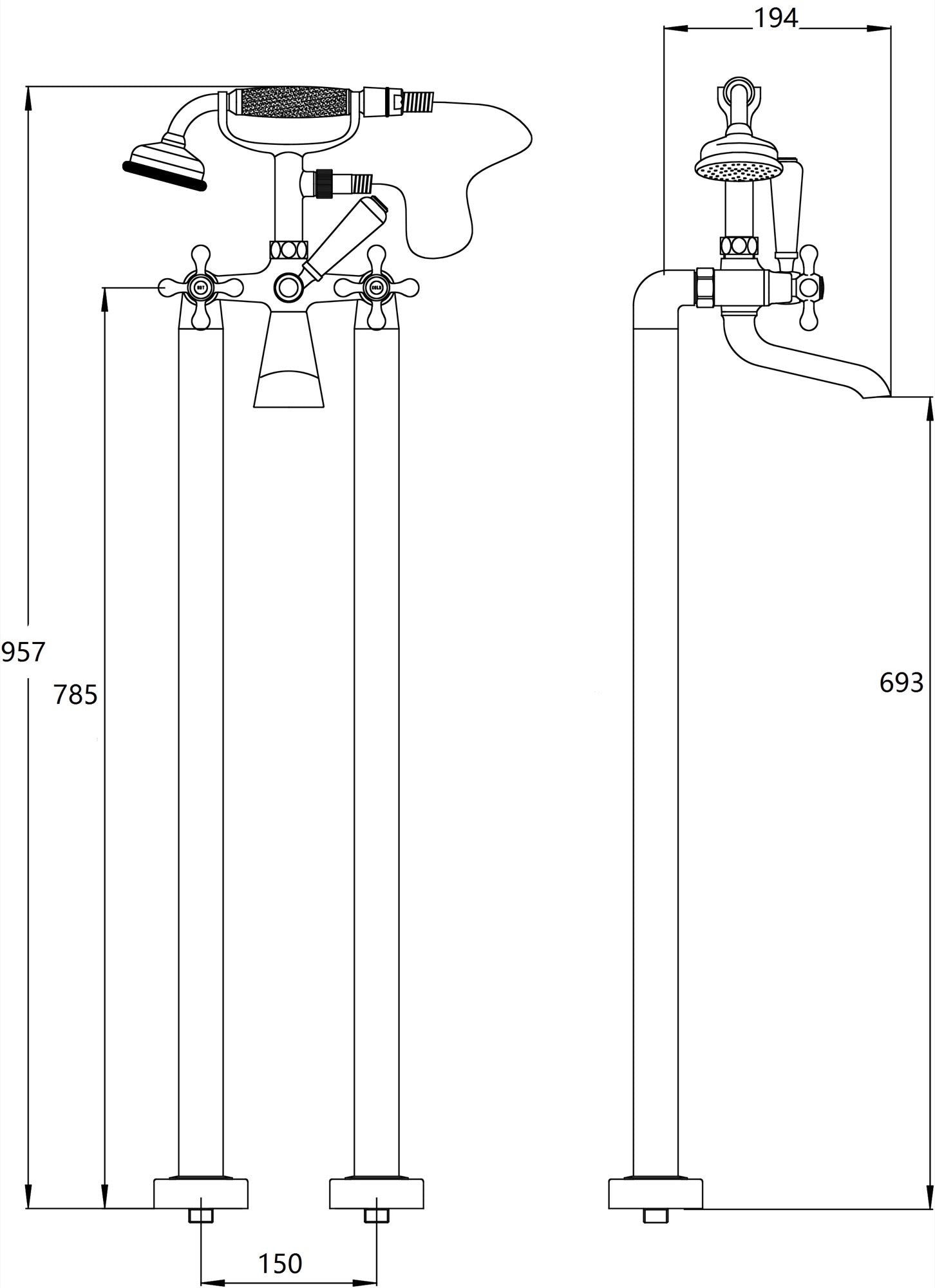 Kirkby Freestanding Bath Shower Mixer data sheet 2022 - Chrome dimensions diagram