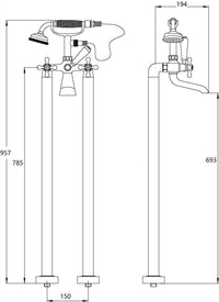 Kirkby Freestanding Bath Shower Mixer data sheet 2022 - Chrome dimensions diagram