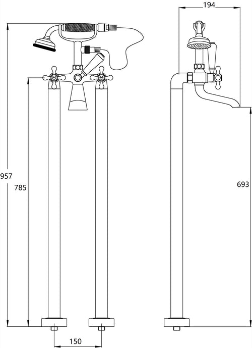 Kirkby Freestanding Bath Shower Mixer data sheet 2022 - Chrome dimensions diagram