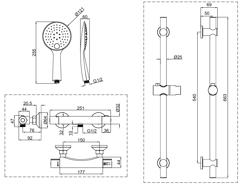 Kirtling Thermostatic Shower Mixer With Slide Rail Kit - Chrome dimensions diagram