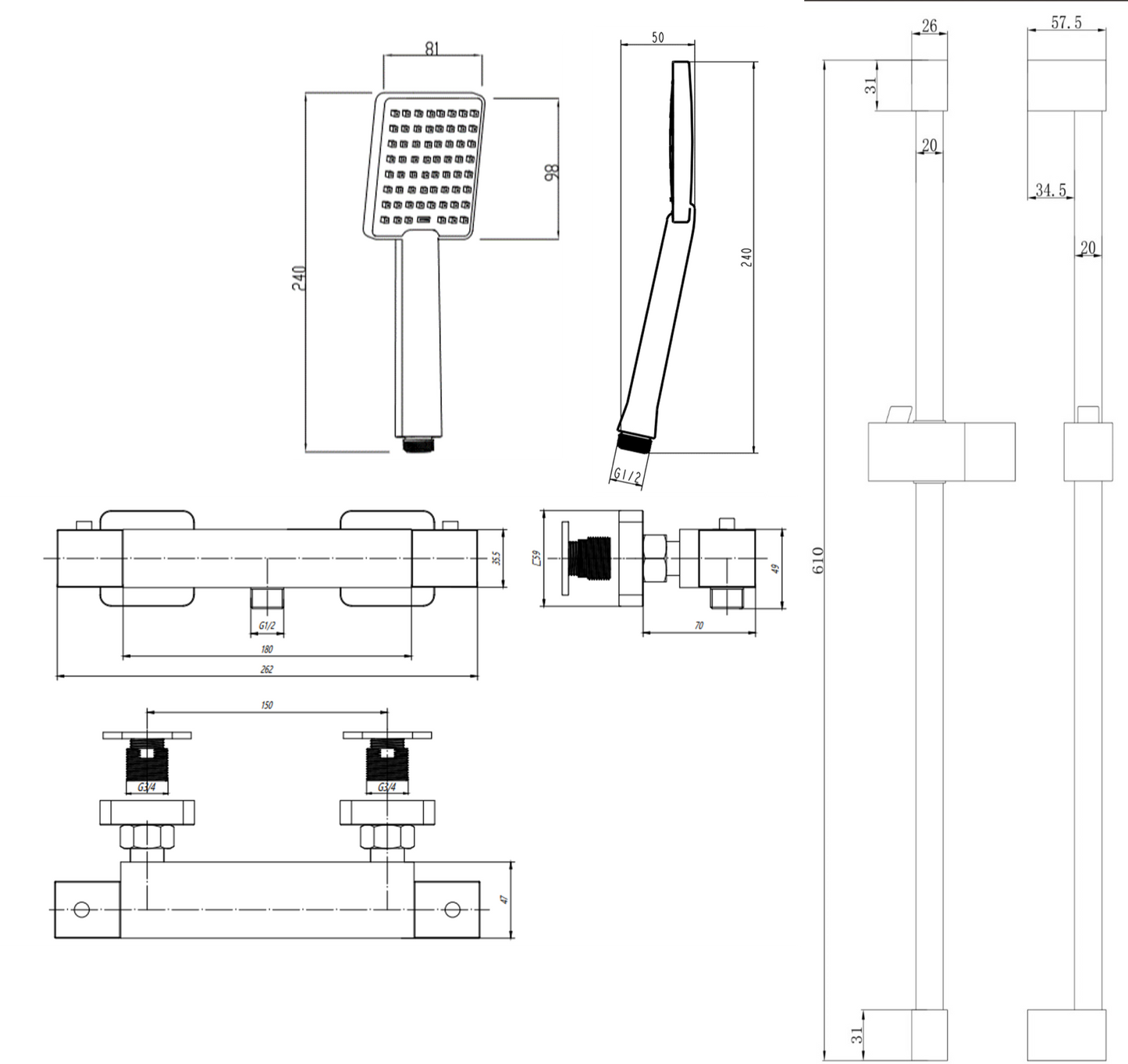 Malton Thermostatic Shower Mixer - Chrome dimensions diagram