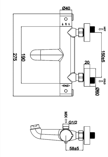 Malton Thermostatic Bath Shower Mixer Valve - Chrome dimensions diagram