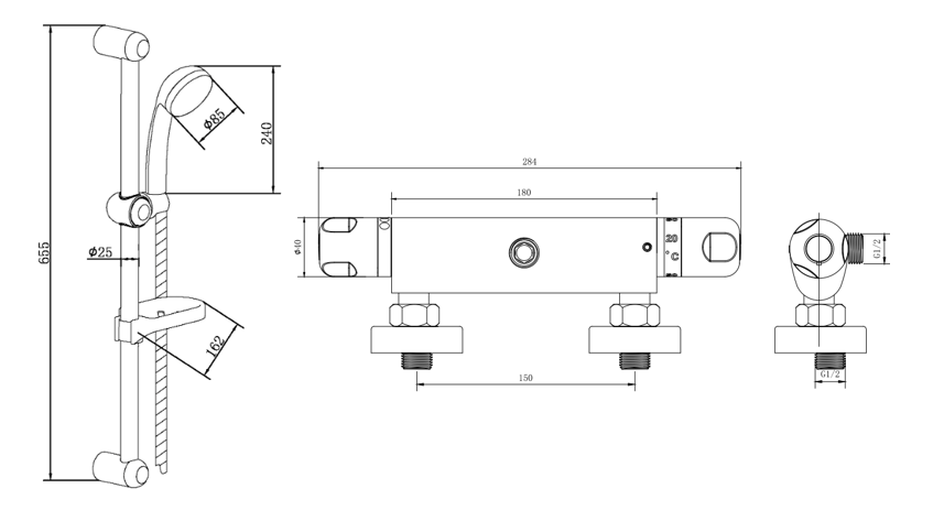 Malton Thermostatic Shower Mixer - Bronze dimensions diagram