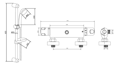 Malton Thermostatic Shower Mixer - Bronze dimensions diagram