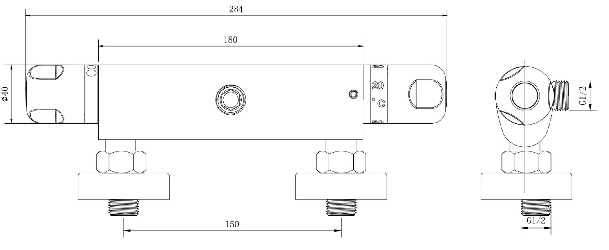 Malton Thermostatic Shower Mixer Valve - Chrome dimensions diagram