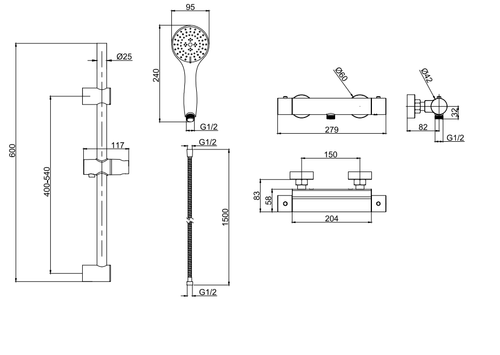 Malton Thermostatic shower mixer - Chrome dimensions diagram