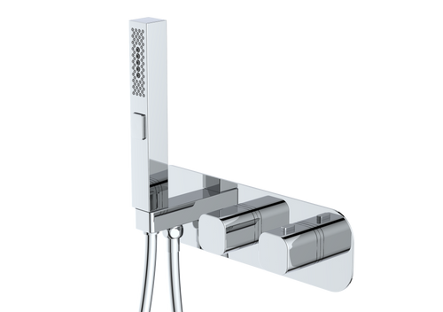 A modern wall-mounted chrome shower fixture with a rectangular hand shower head, flexible hose, and dual lever controls, shown against a plain white background.