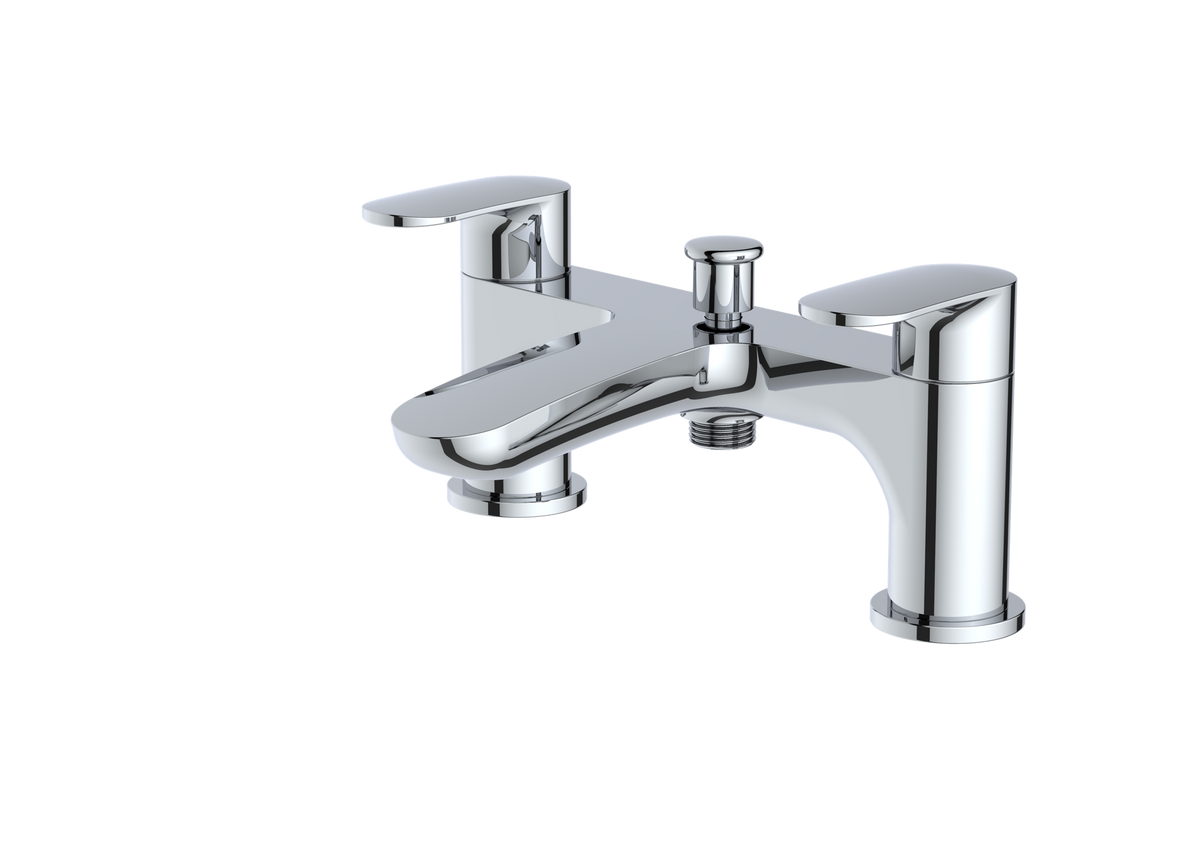 A modern chrome bathroom faucet with a single lever handle and a separate temperature control knob, shown on a plain white background.