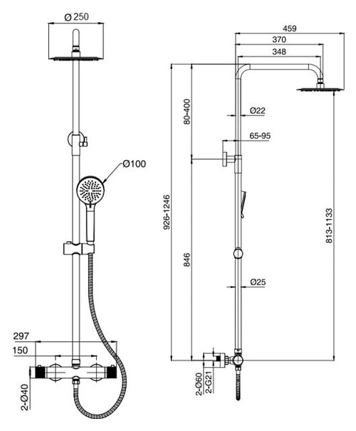 Quorndon Thermostatic Shower Mixer With Riser Rail - Chrome dimensions diagram