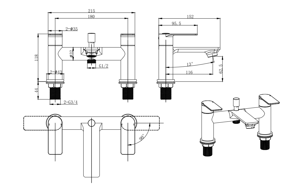 Ribston Deck mounted bath shower mixer - Chrome dimensions diagram