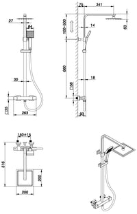 Shalford Thermostatic Shower Mixer With Riser Rail Kit - Chrome dimensions diagram