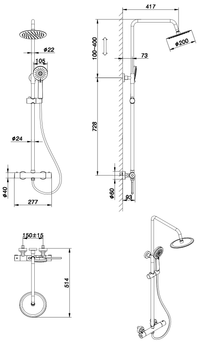 Shalford Thermostatic Shower Mixer With Riser Rail Kit - Chrome dimensions diagram