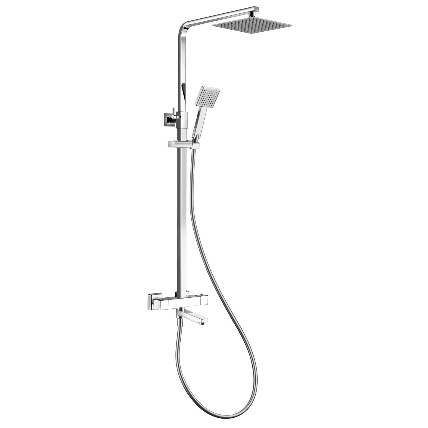 A modern wall-mounted shower system with a square rain head, adjustable vertical bar, handheld shower attachment, flexible hose, and control valve trim on a plain white background.
