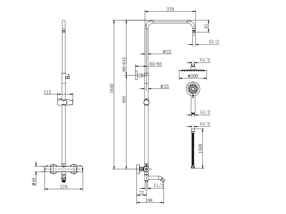 Shalford Thermostatic Shower Mixer - Chrome dimensions diagram