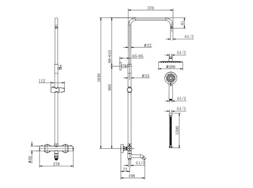 Shalford Thermostatic Shower Mixer - Chrome dimensions diagram