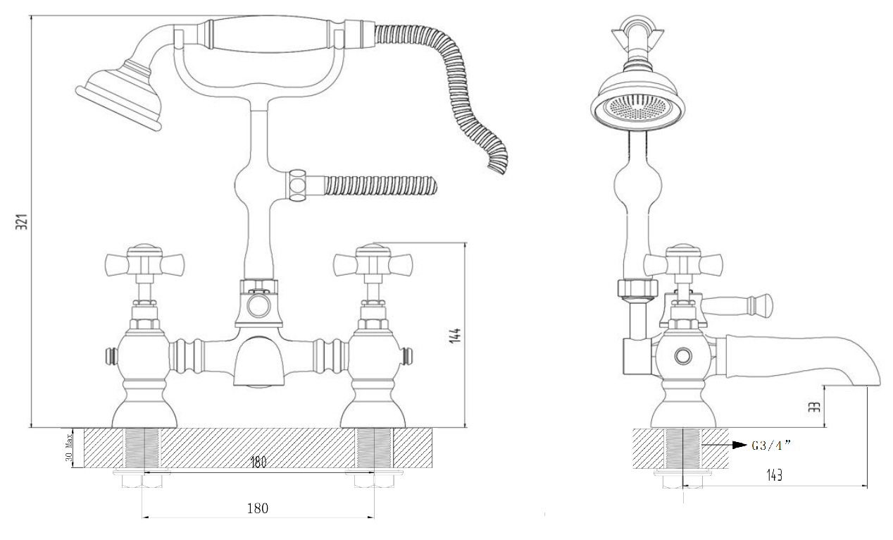 Wingfield Bath Shower Mixer - Chrome dimensions diagram