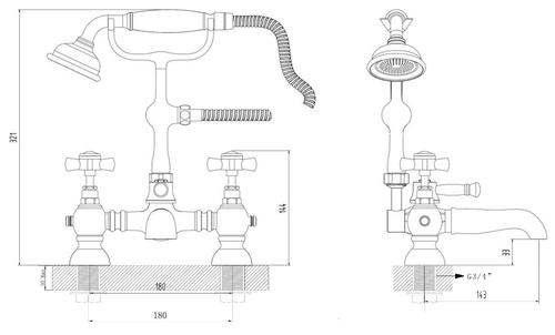 Wingfield Bath Shower Mixer - Chrome dimensions diagram