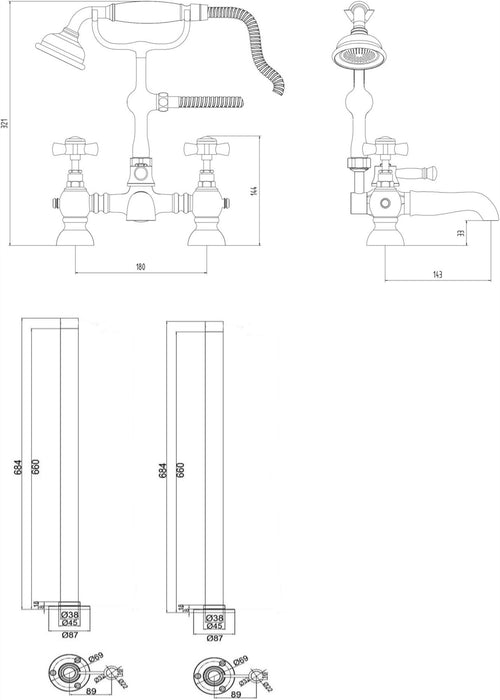 Wingfield Free-standing Bath Shower Mixer-data sheet 2020 - Chrome dimensions diagram