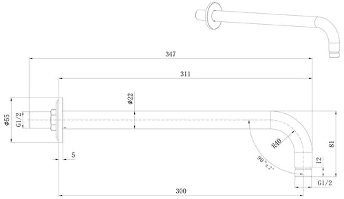 300mm Round Shower Arm - Chrome dimensions diagram