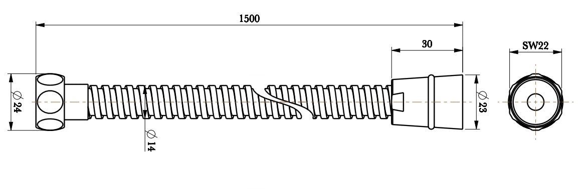 1.5m Stainless Steel Shower hose - Chrome dimensions diagram