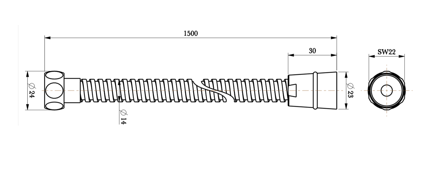 WRAS 1.5m Stainless Steel Shower Hose - Chrome dimensions diagram