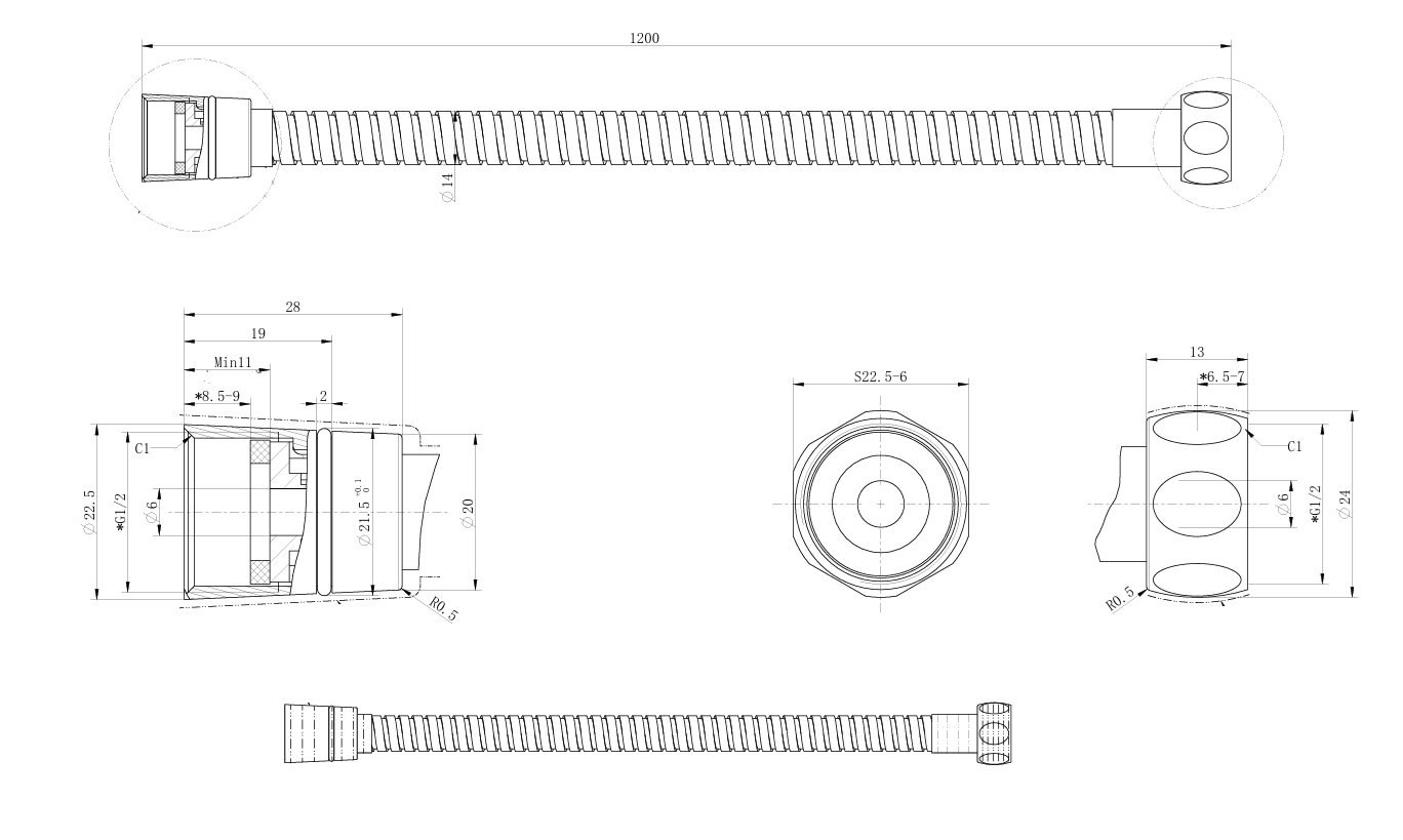 1.2m Stainless Steel Shower Hose - Brushed Brass dimensions diagram