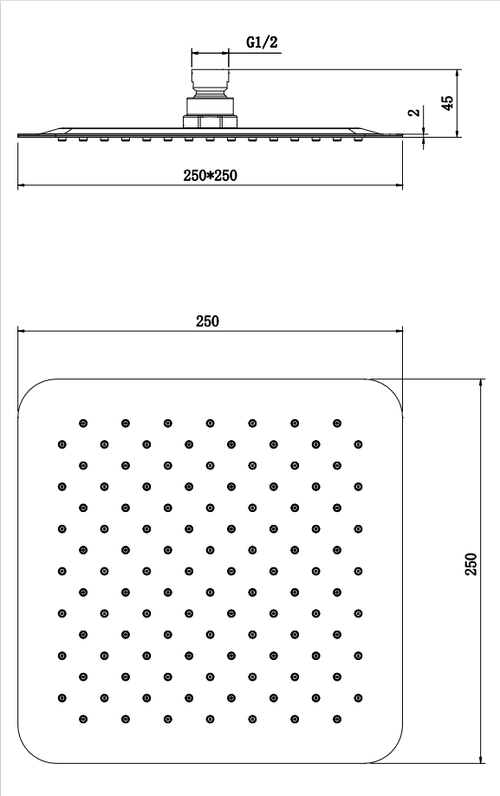 250mm Ultra slim shower head - Matt Black dimensions diagram