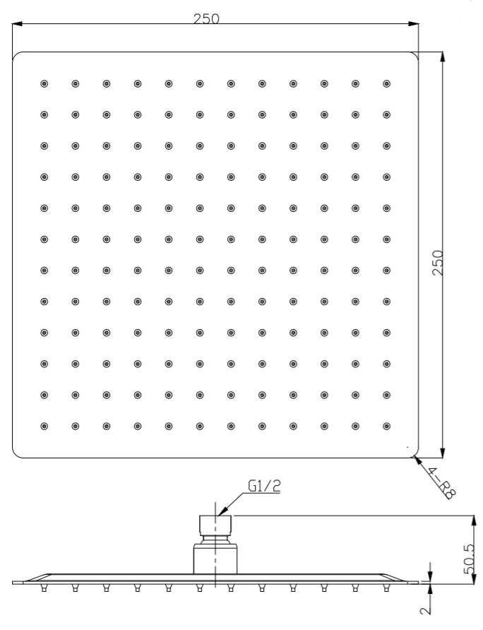 250mm Ultra slim shower head - Chrome dimensions diagram
