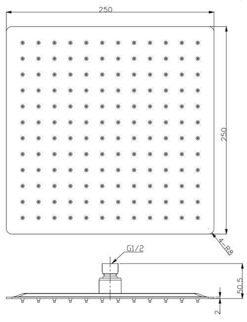 250mm Ultra slim shower head - Chrome dimensions diagram