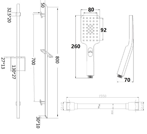 Shower slider rail kit - Chrome dimensions diagram